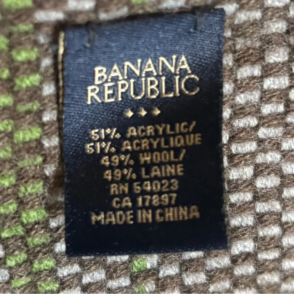 Banana Republic Wool Blend Scarf Green Brown & Cream Long Fringed Winter Scarf